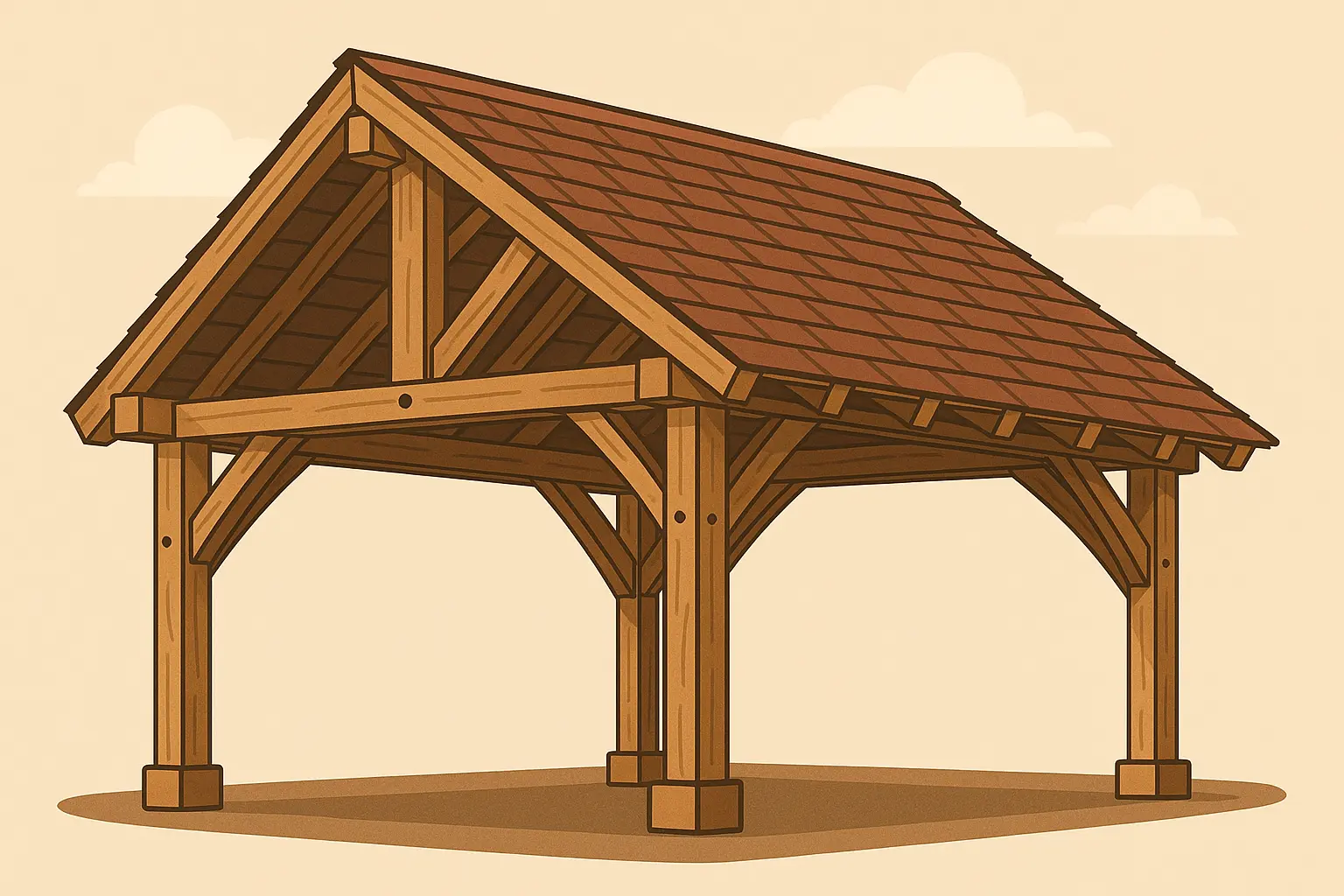 Wooden post and beam carport with rustic appeal