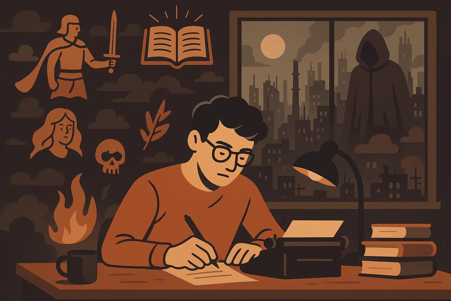 Writer crafting dystopian story with dark atmospheric workspace