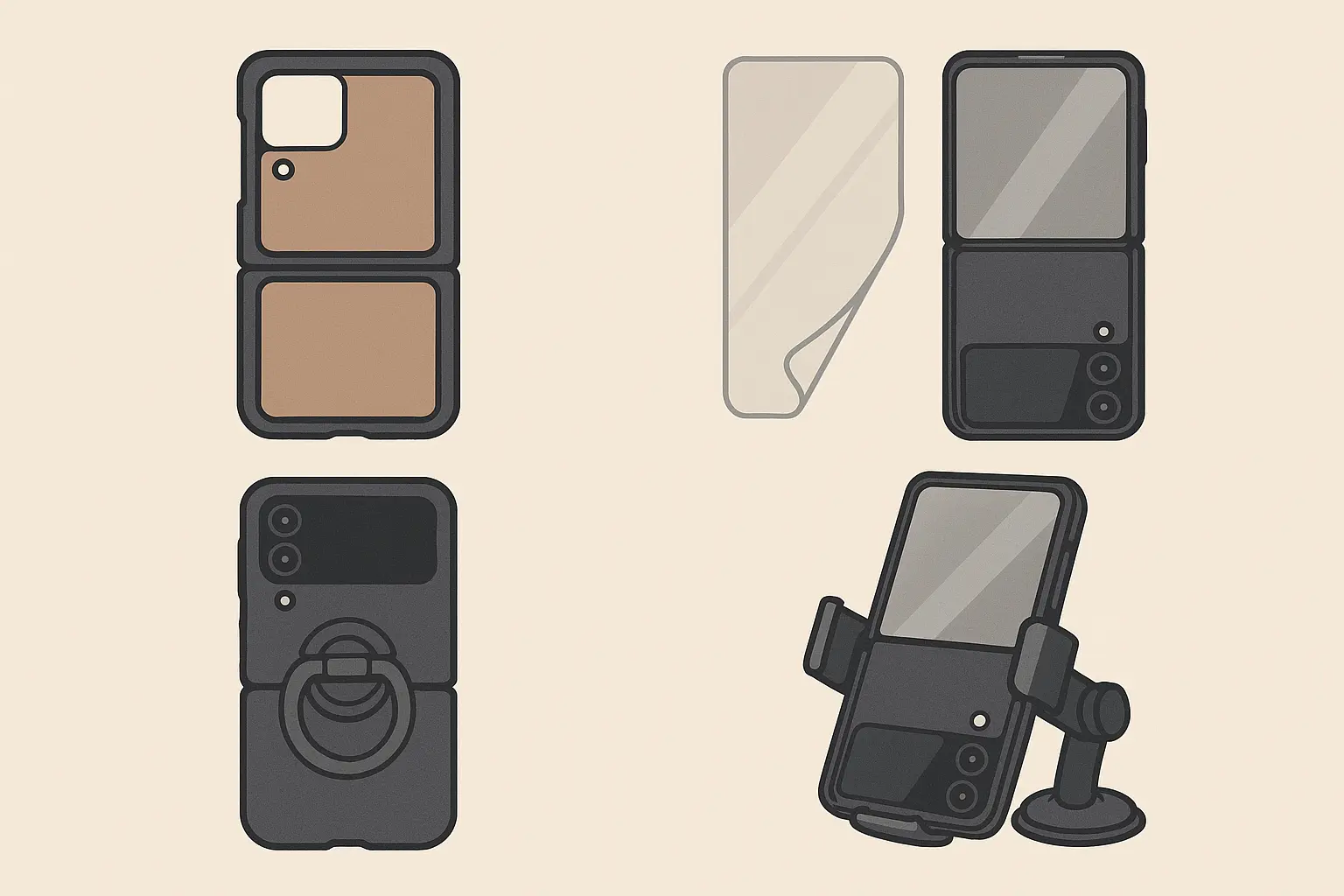 Flip phone protection accessories and mounting solutions