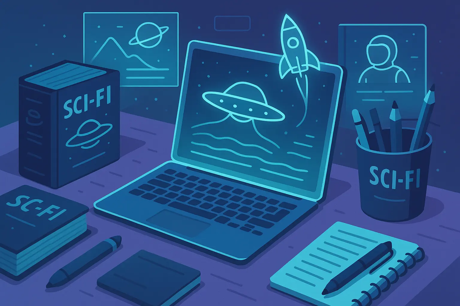 Futuristic writing interface with holographic story elements