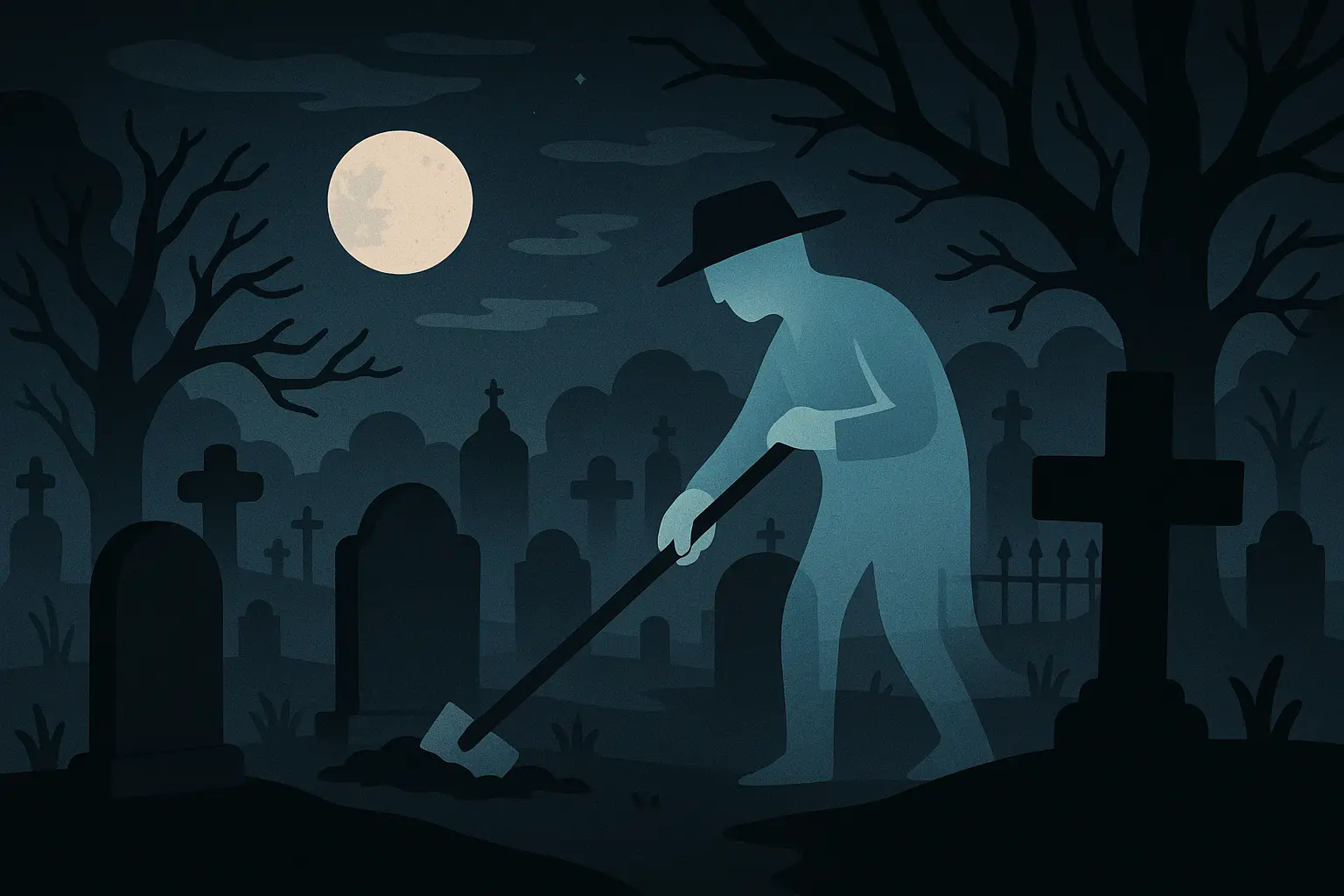 Gothic horror cemetery scene with mysterious groundskeeper
