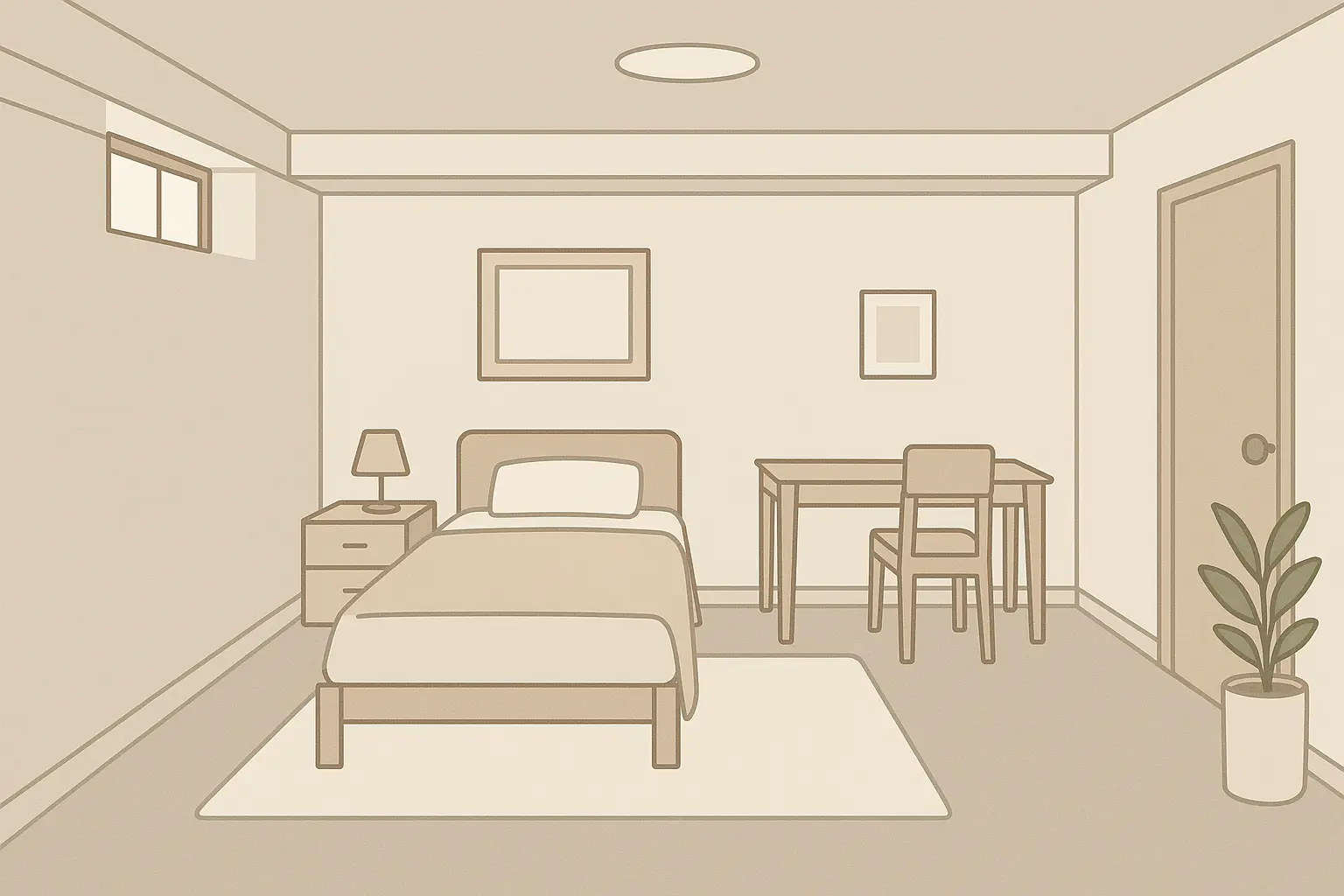 Modern minimalist basement bedroom with clean lines and neutral colors