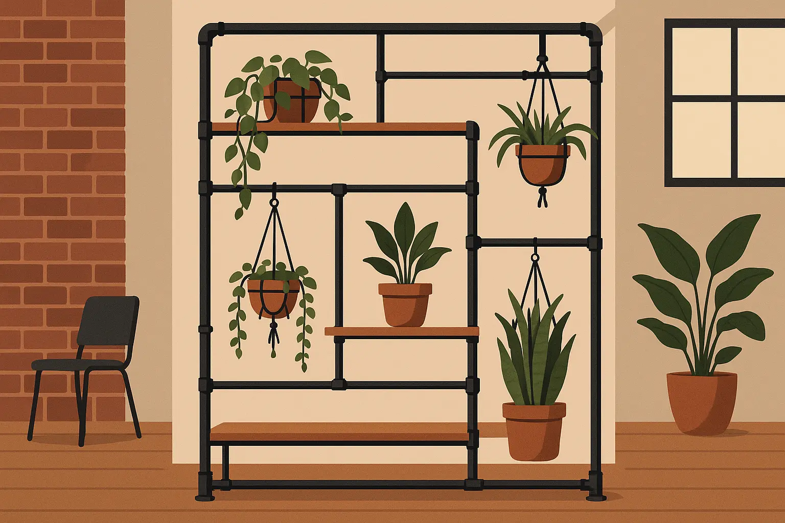 Industrial pipe structure room divider with shelving