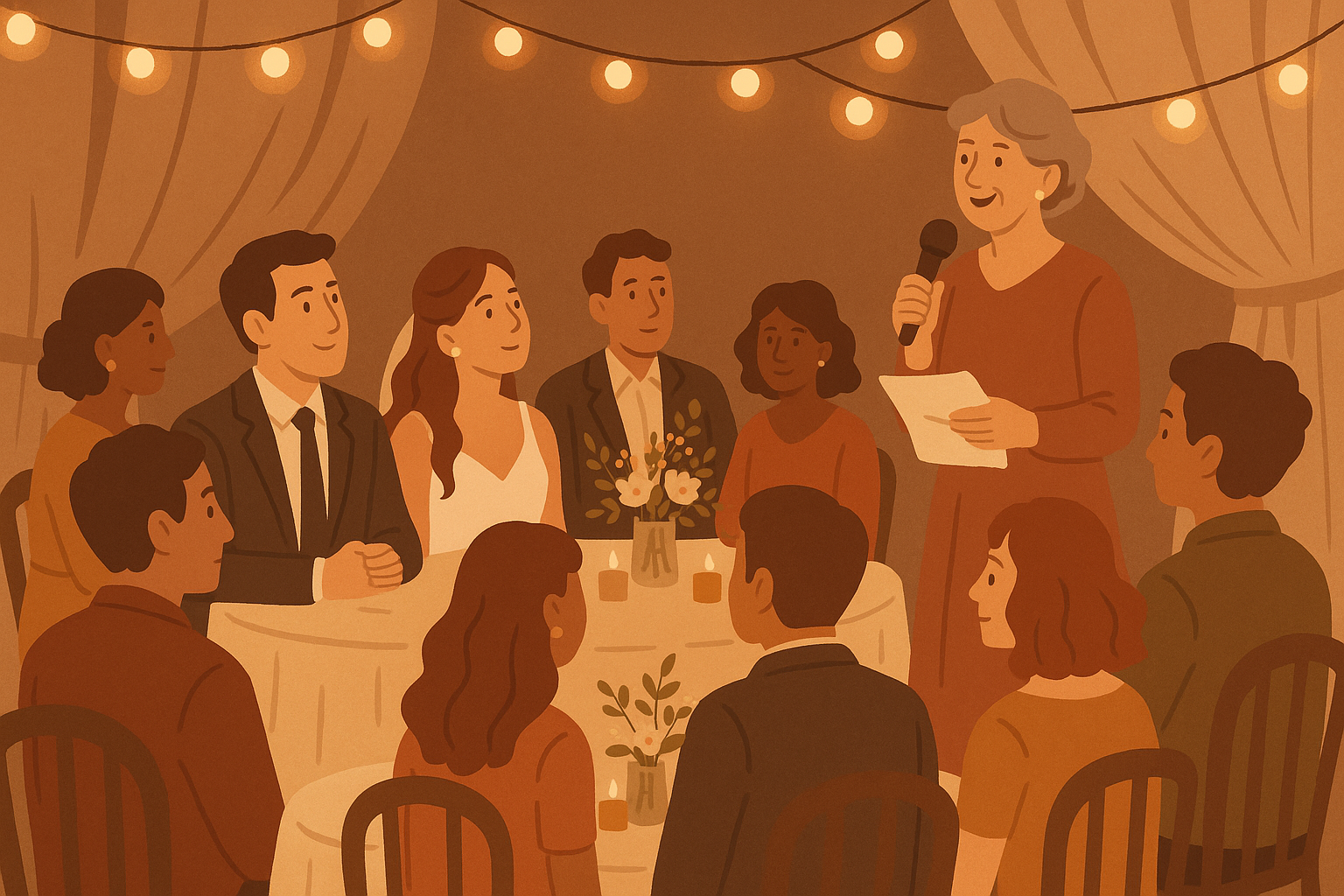 Elegant formal wedding reception with mother of the groom at podium