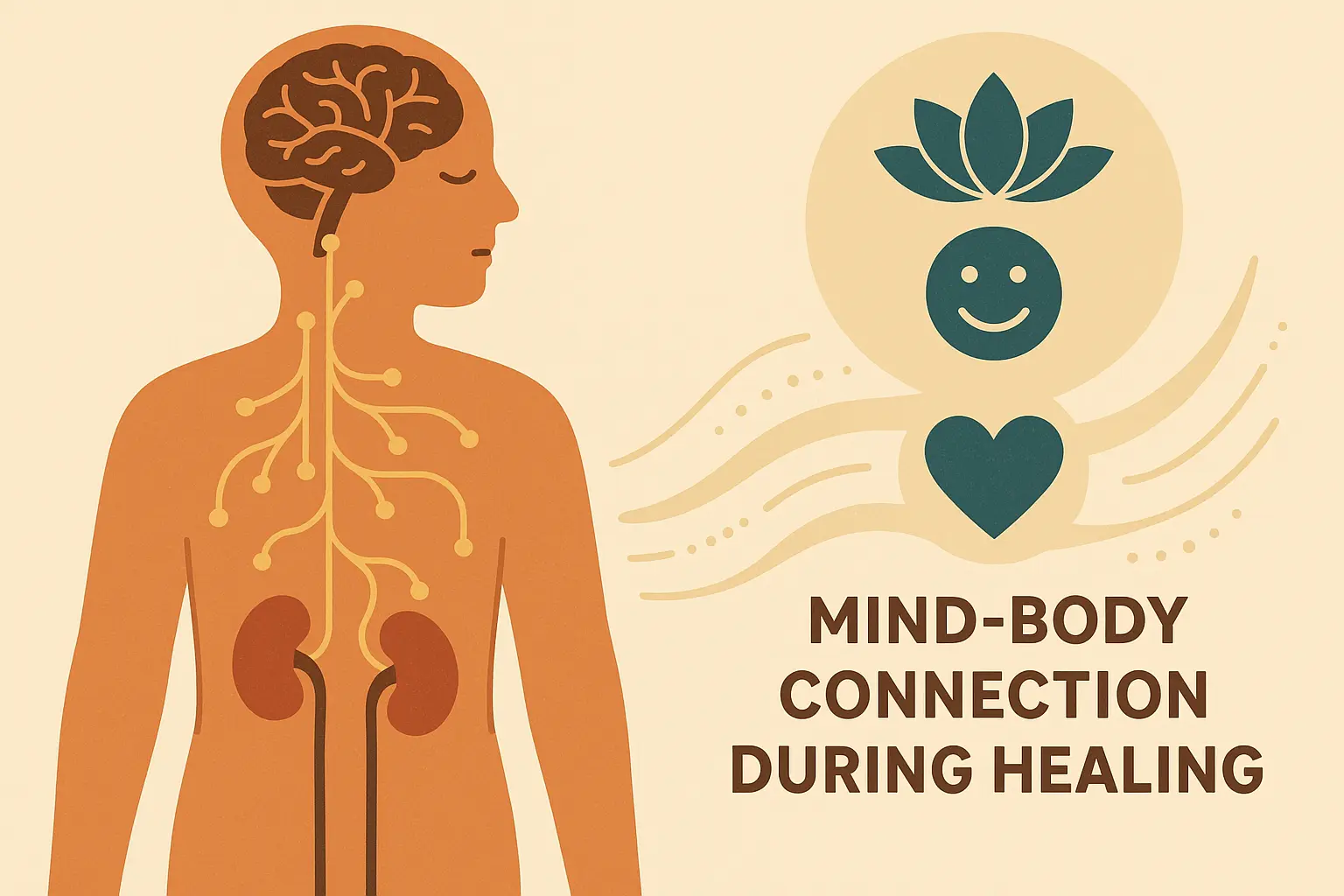 Mind-body connection diagram showing stress response impact on kidney stone surgery recovery