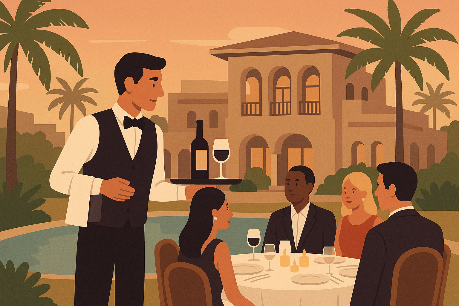 Waiter networking with high-end restaurant customers
