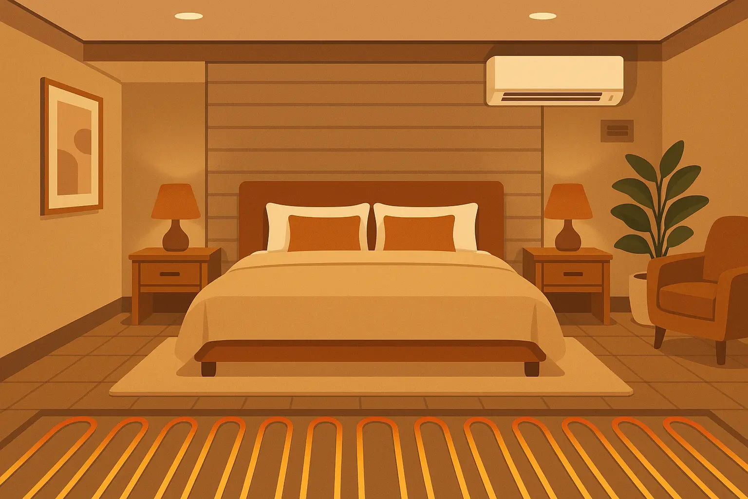 Luxurious basement bedroom with radiant heating and premium finishes