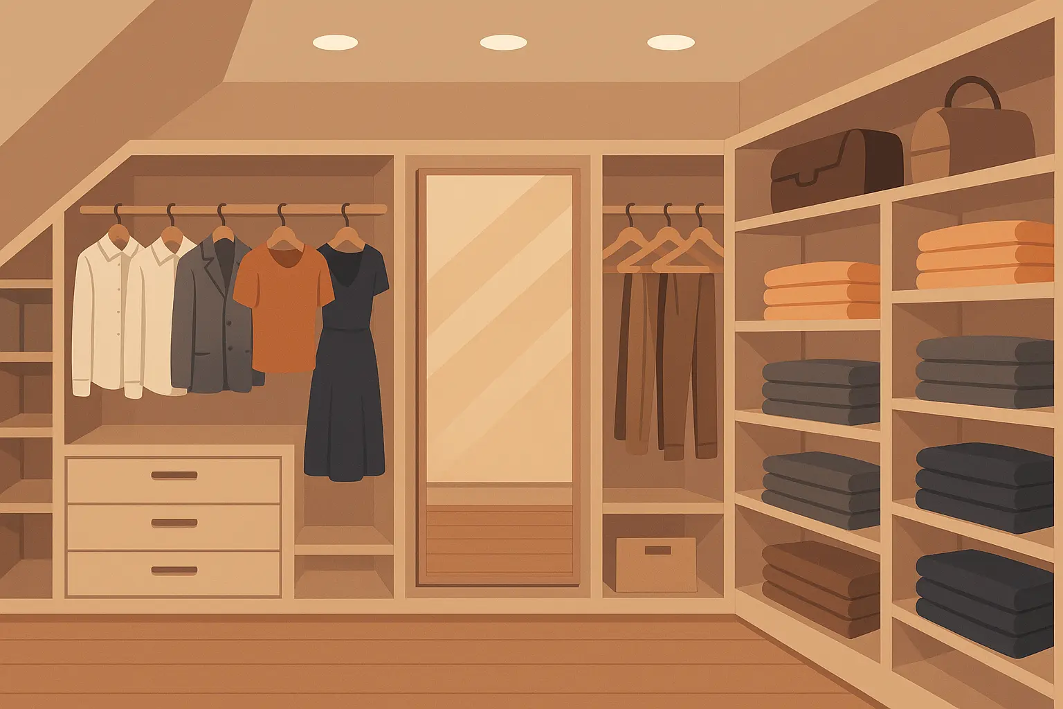Luxury walk-in closet conversion in bonus room with organized storage