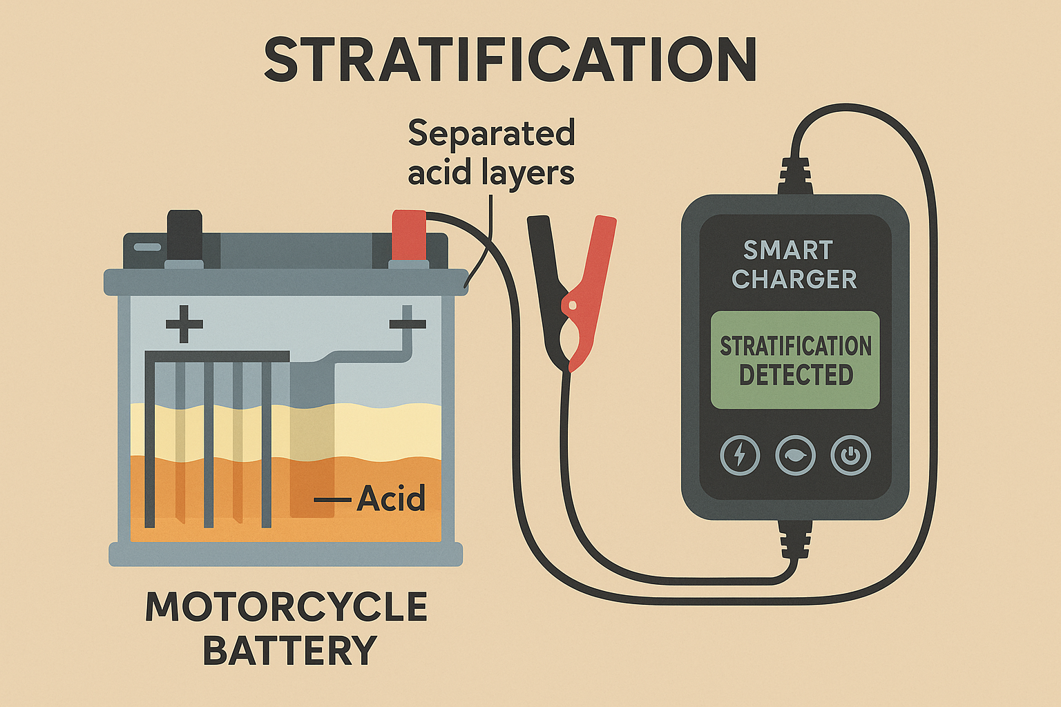 Electrolyte stratification in motorcycle batteries