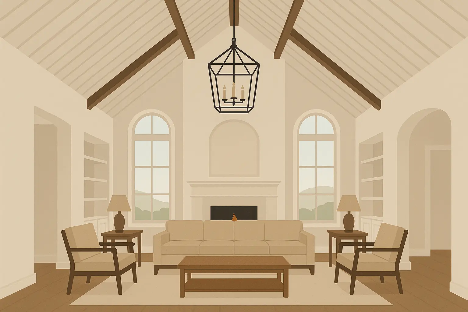 Dramatic white shiplap on vaulted ceiling with exposed beams
