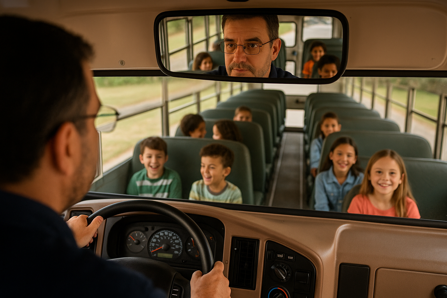 School bus driver managing students while driving