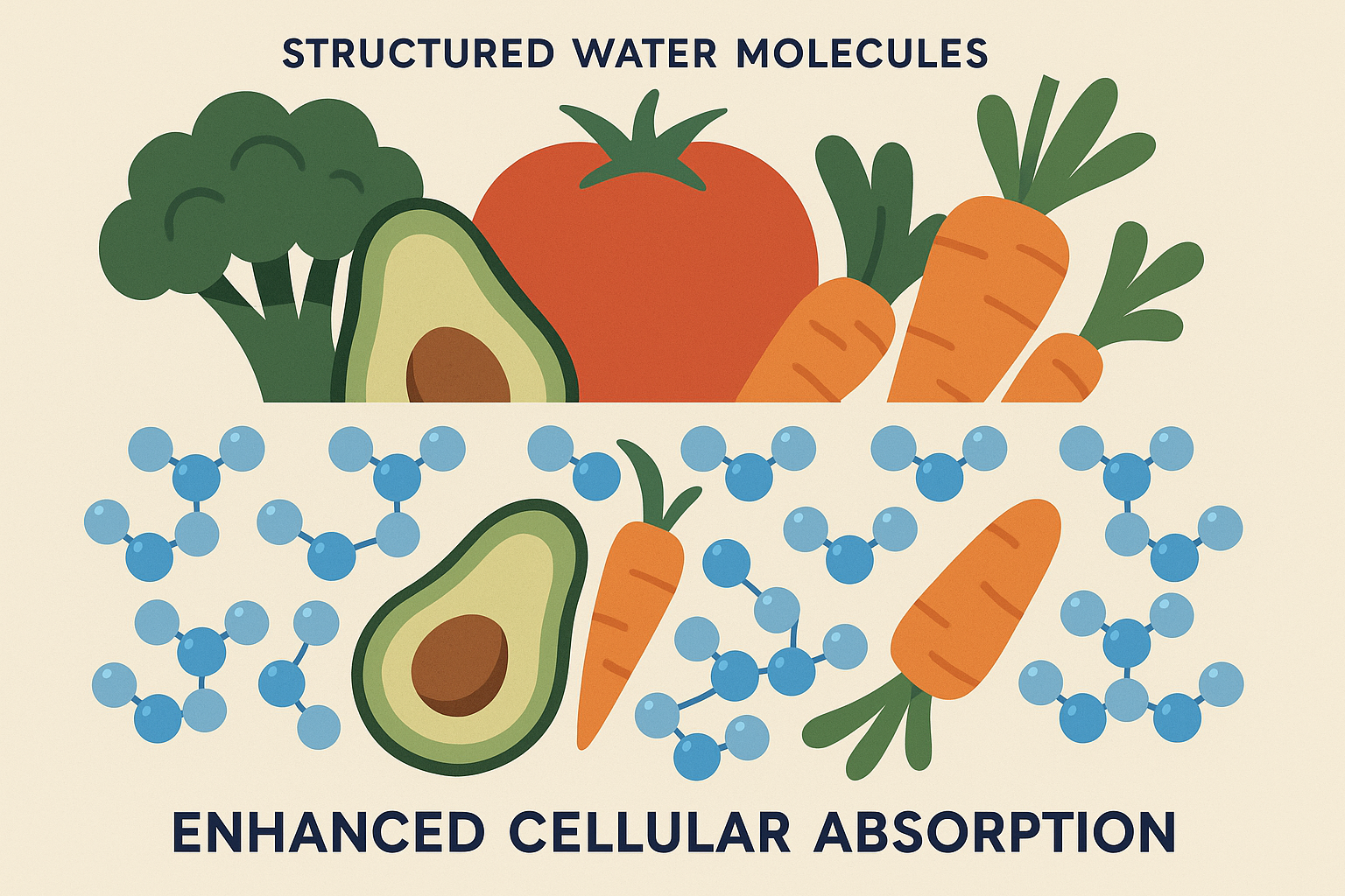 Molecular structure of structured water in fresh foods