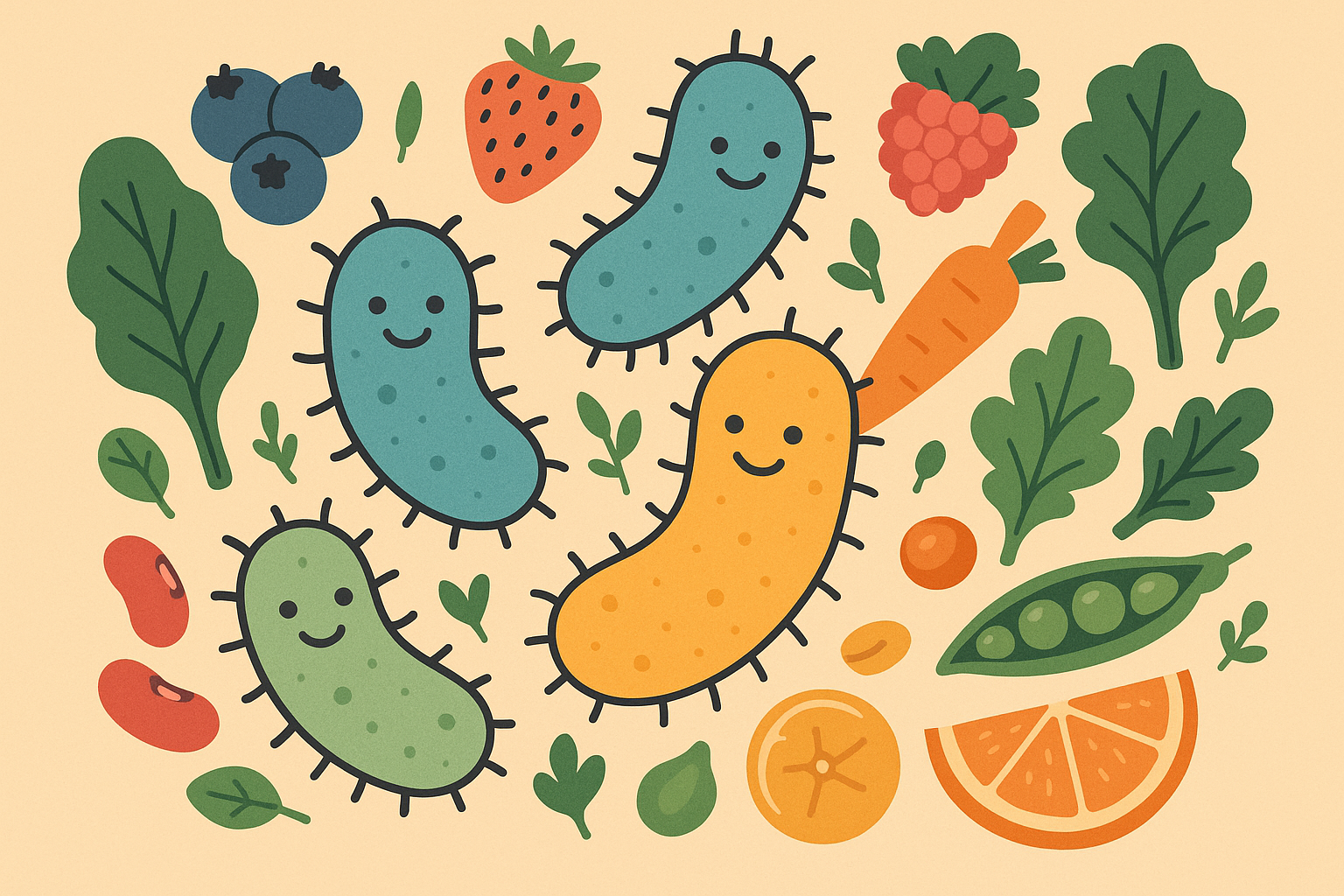 Colorful array of prebiotic-rich plant foods supporting gut health