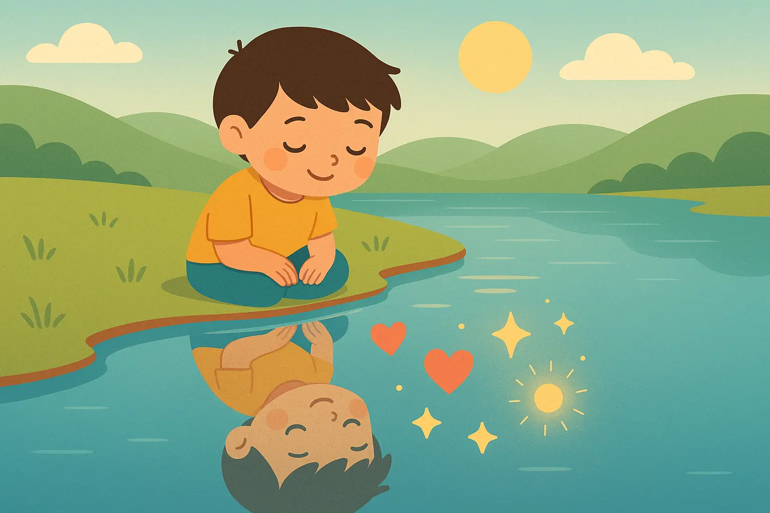 Child holding worry stone by peaceful lake at twilight