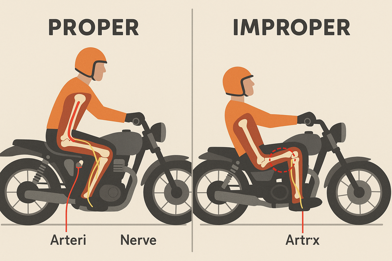 Diagram showing proper vs improper knee angles for tall motorcycle riders