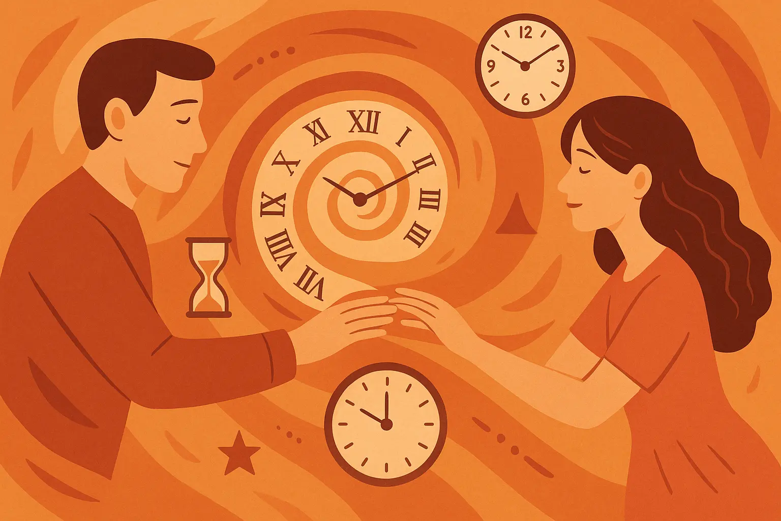 Romantic couple embracing with time-themed imagery