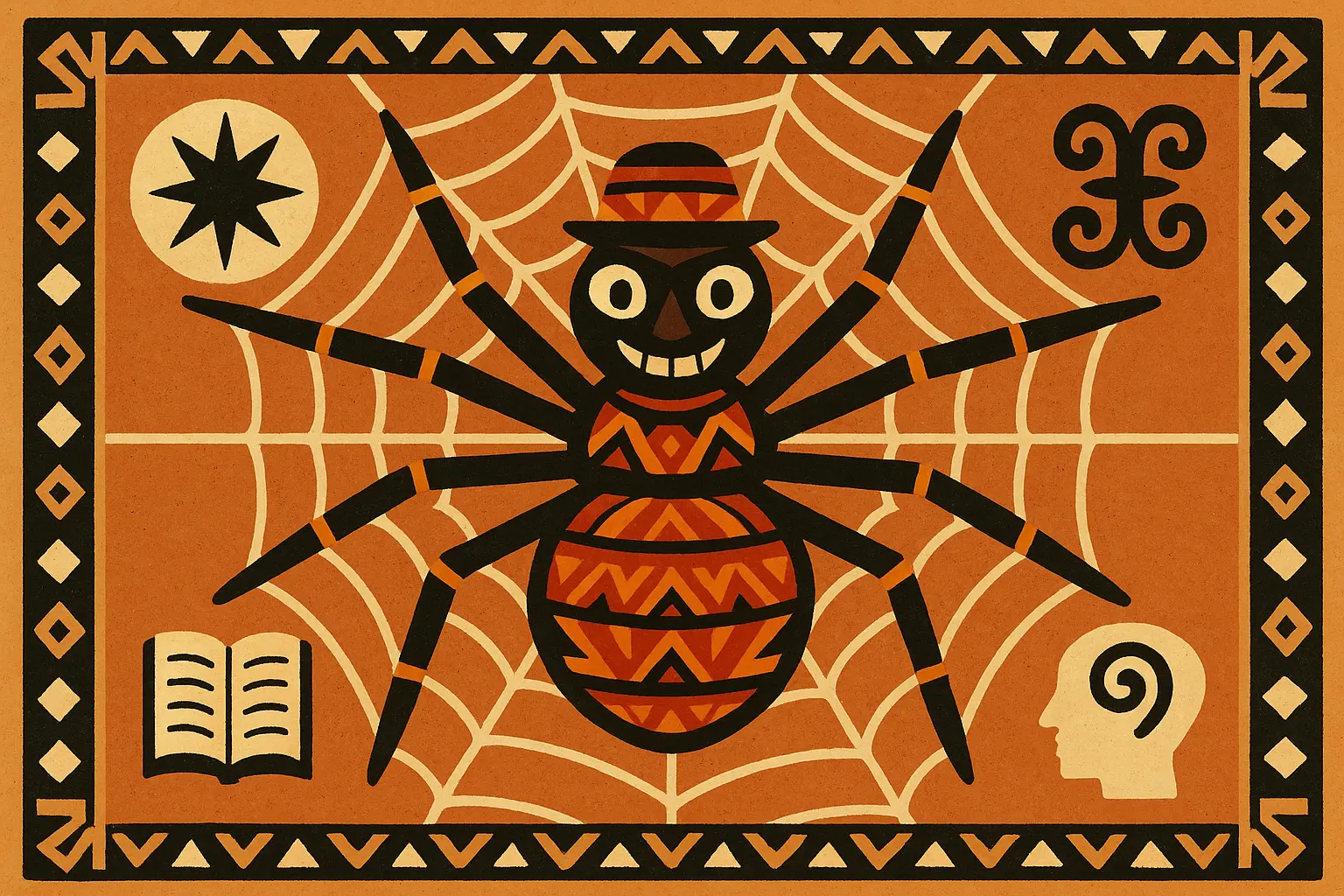 Anansi spider character in traditional West African art style