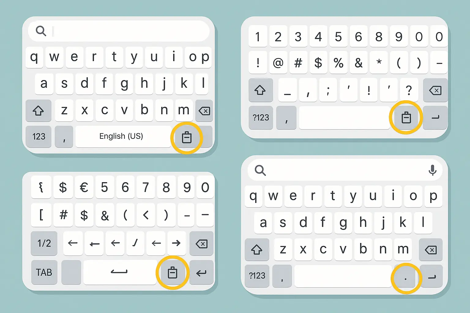 Different Android keyboard interfaces showing clipboard icons