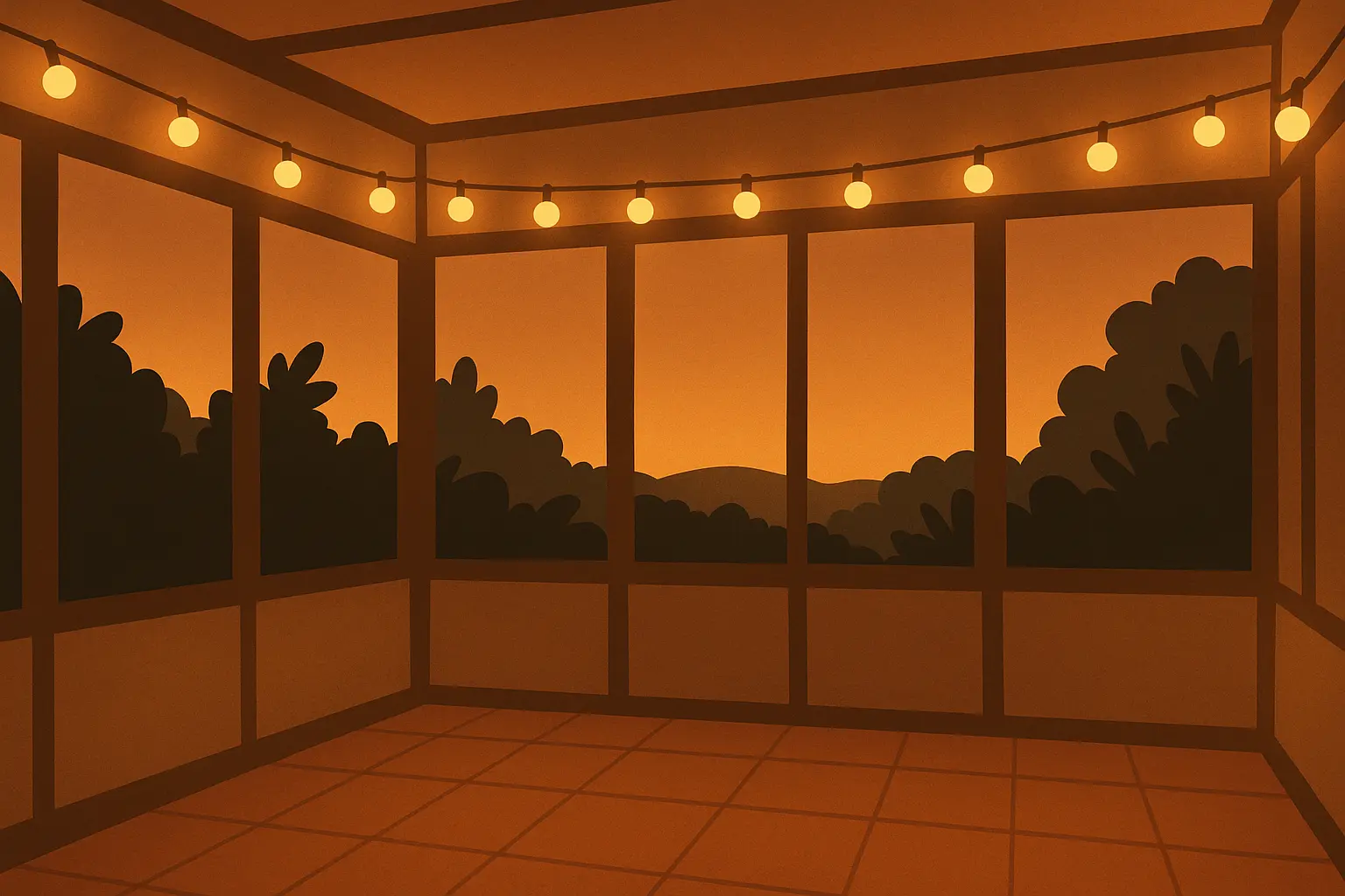 String lights creating ambiance in small sunroom