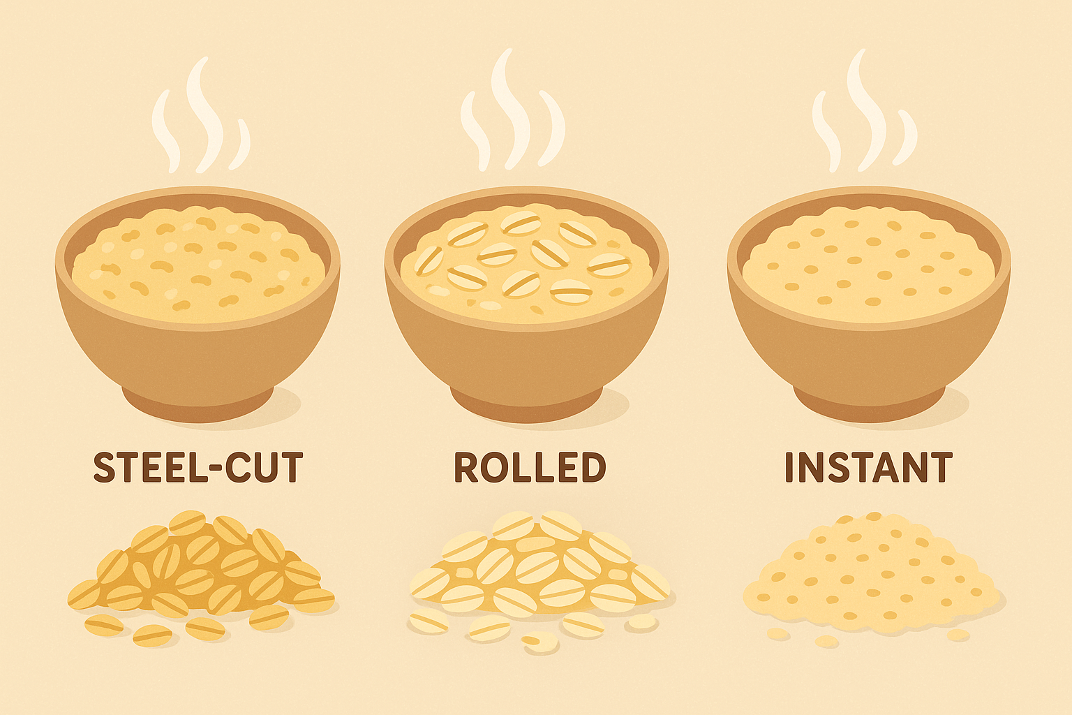 Different types of oats showing fiber-rich whole grains