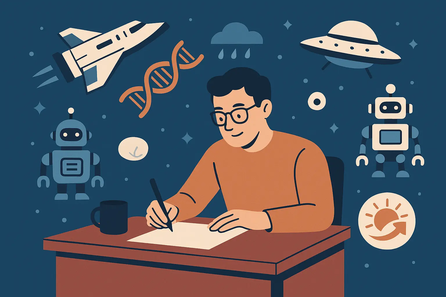 Writer crafting science fiction story at futuristic workstation