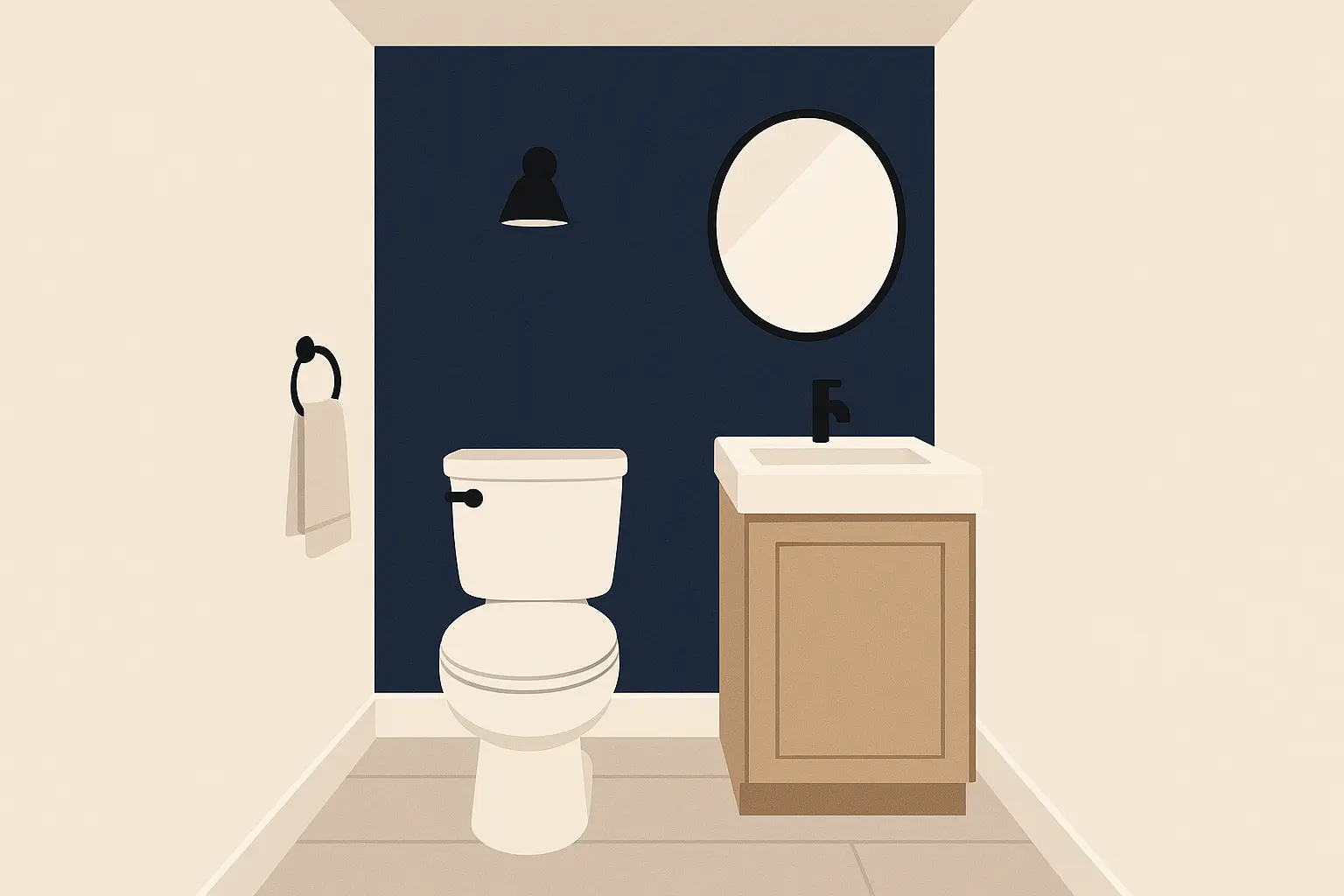 Bold navy accent wall in small powder room with light surrounding walls