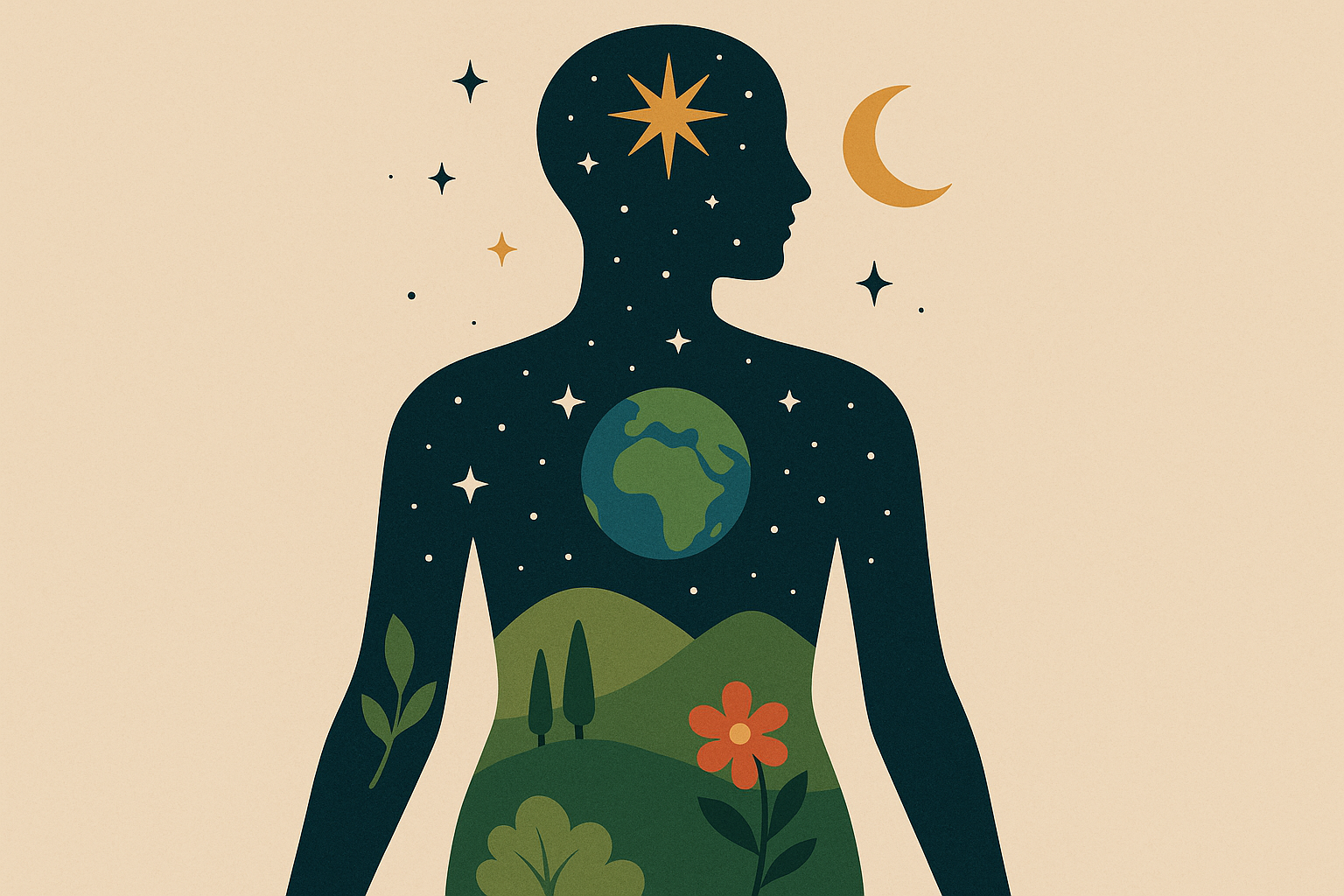Hand holding celestial and earth objects tattoo design