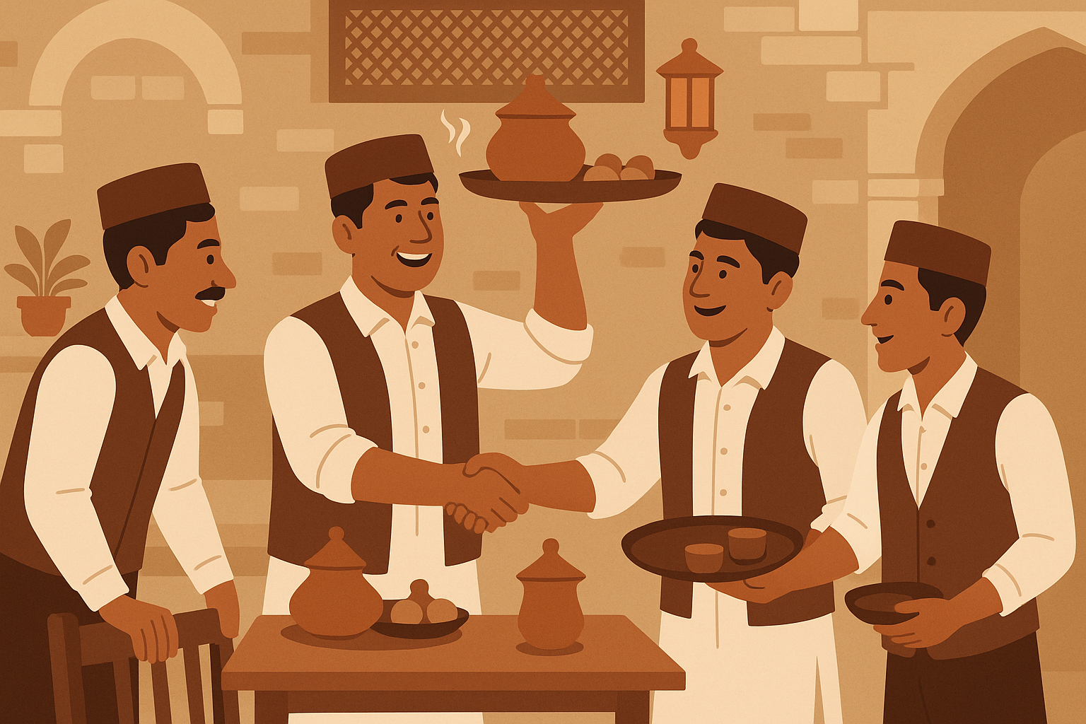 South Asian waiters working in Dubai restaurant
