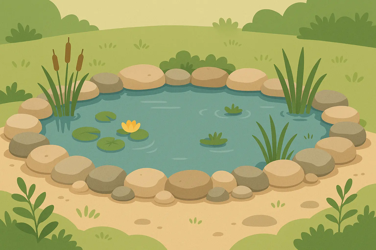 Natural stone-lined pond with landscaping