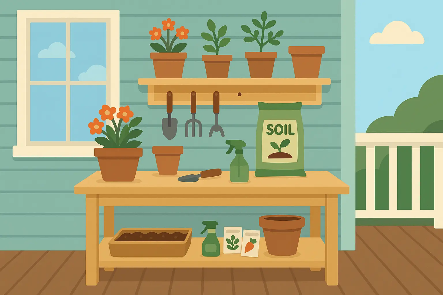 Garden potting station on back porch