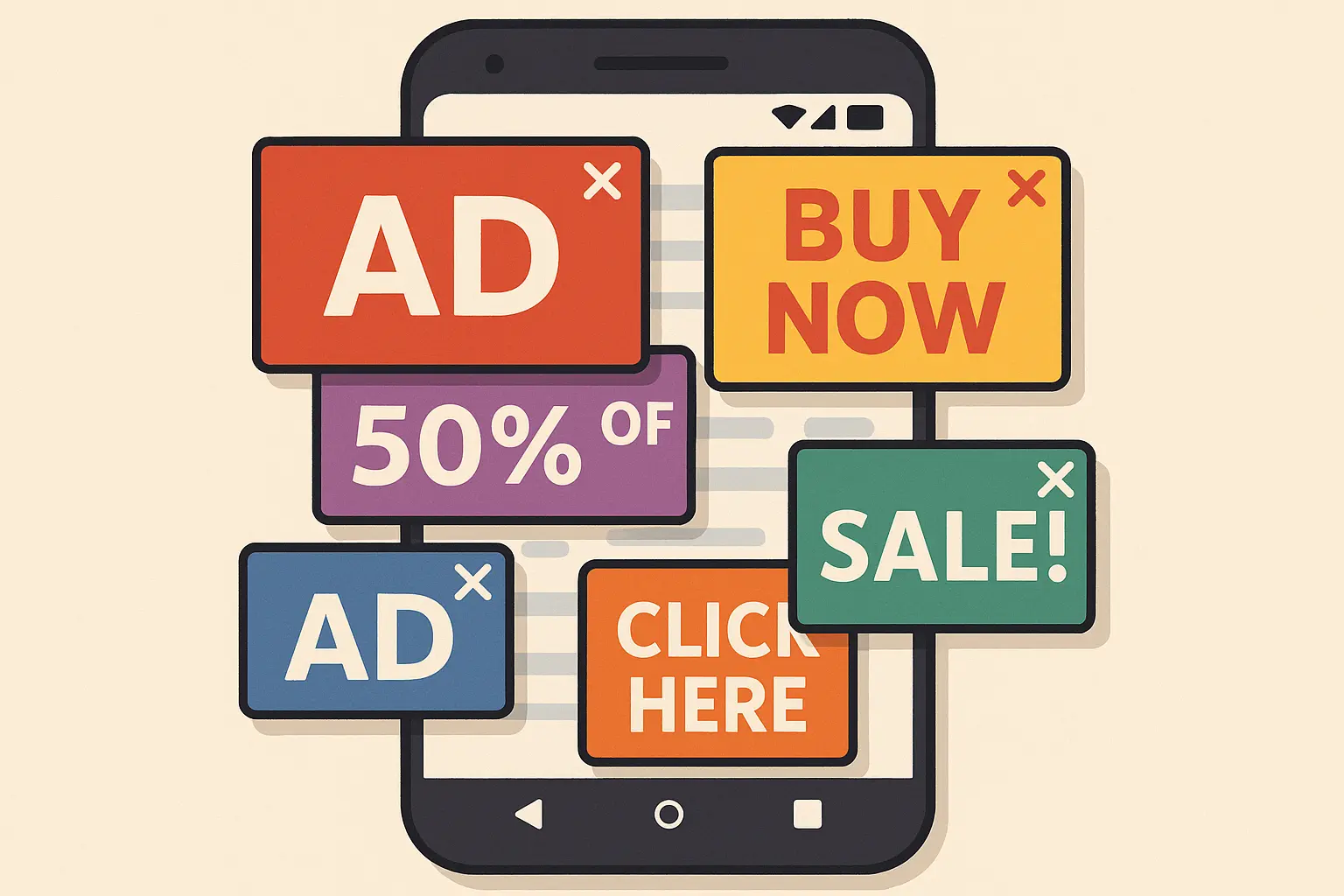Android phone with pop-up ads blocking screen