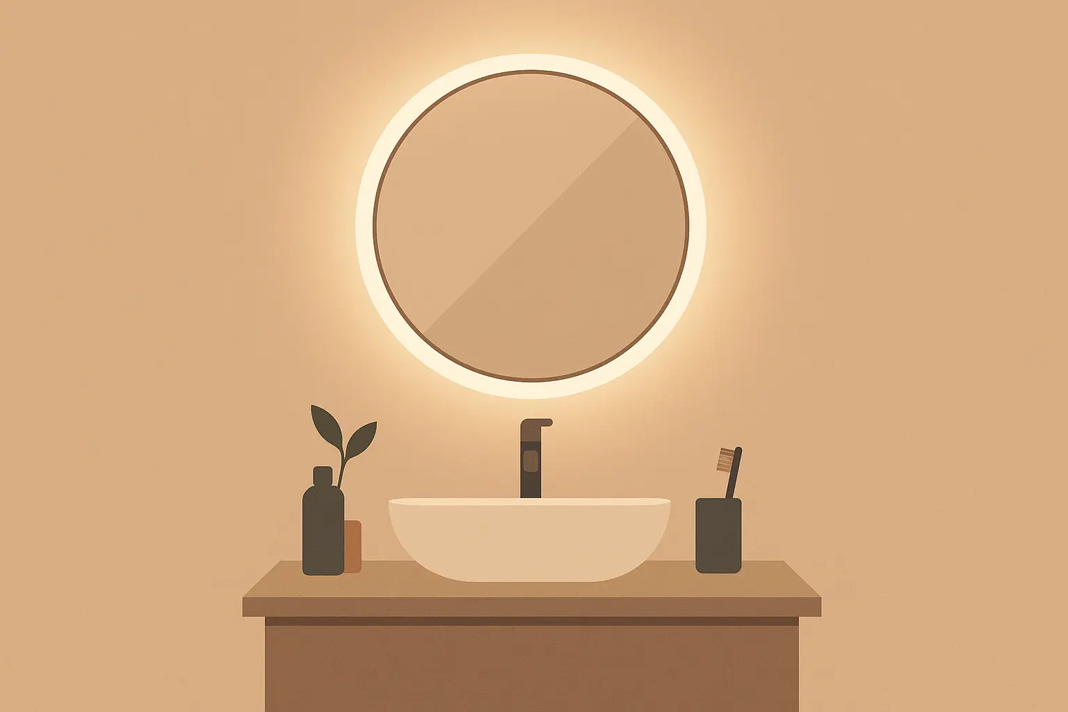 LED backlit mirror in modern powder room creating even shadow-free lighting