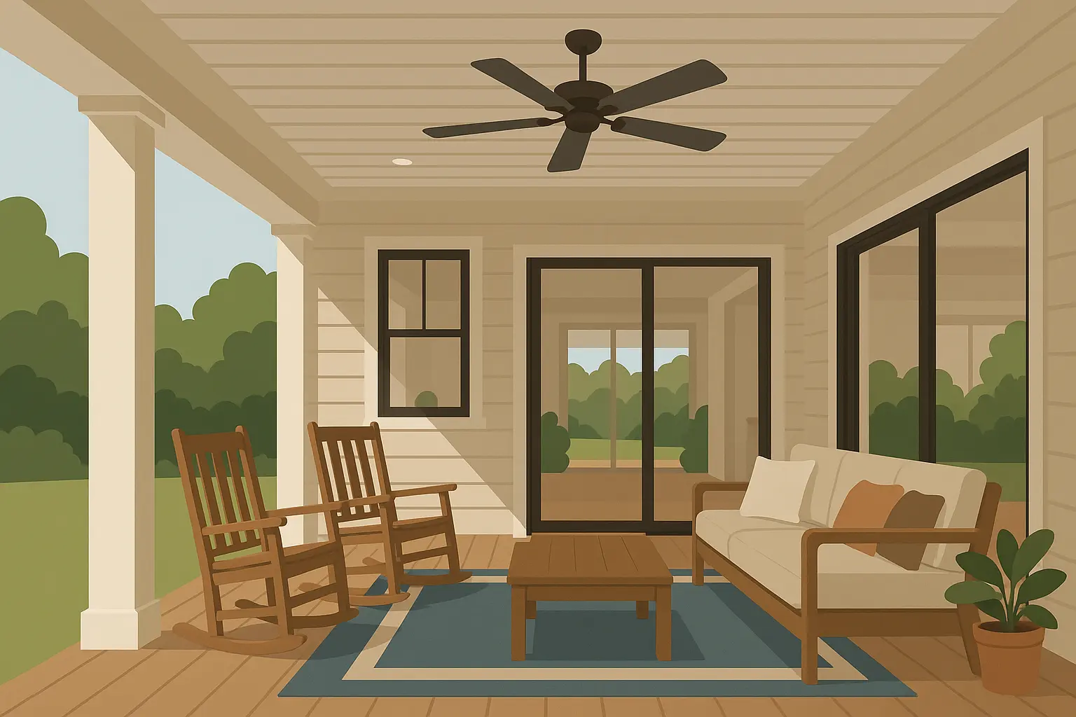 Covered porch with natural wood shiplap ceiling extending indoor design outdoors
