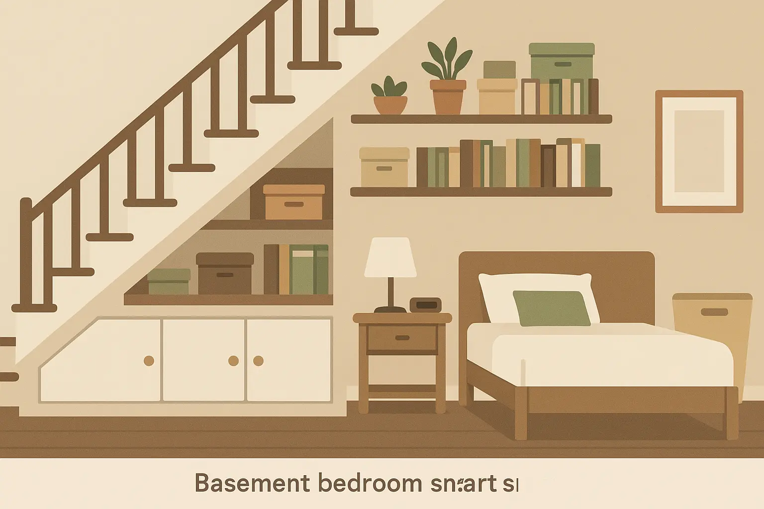 Basement bedroom with built-in storage solutions and under-stair organization