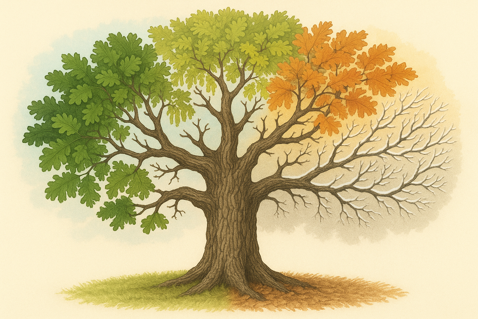 Photorealistic family tree tattoo with seasonal details