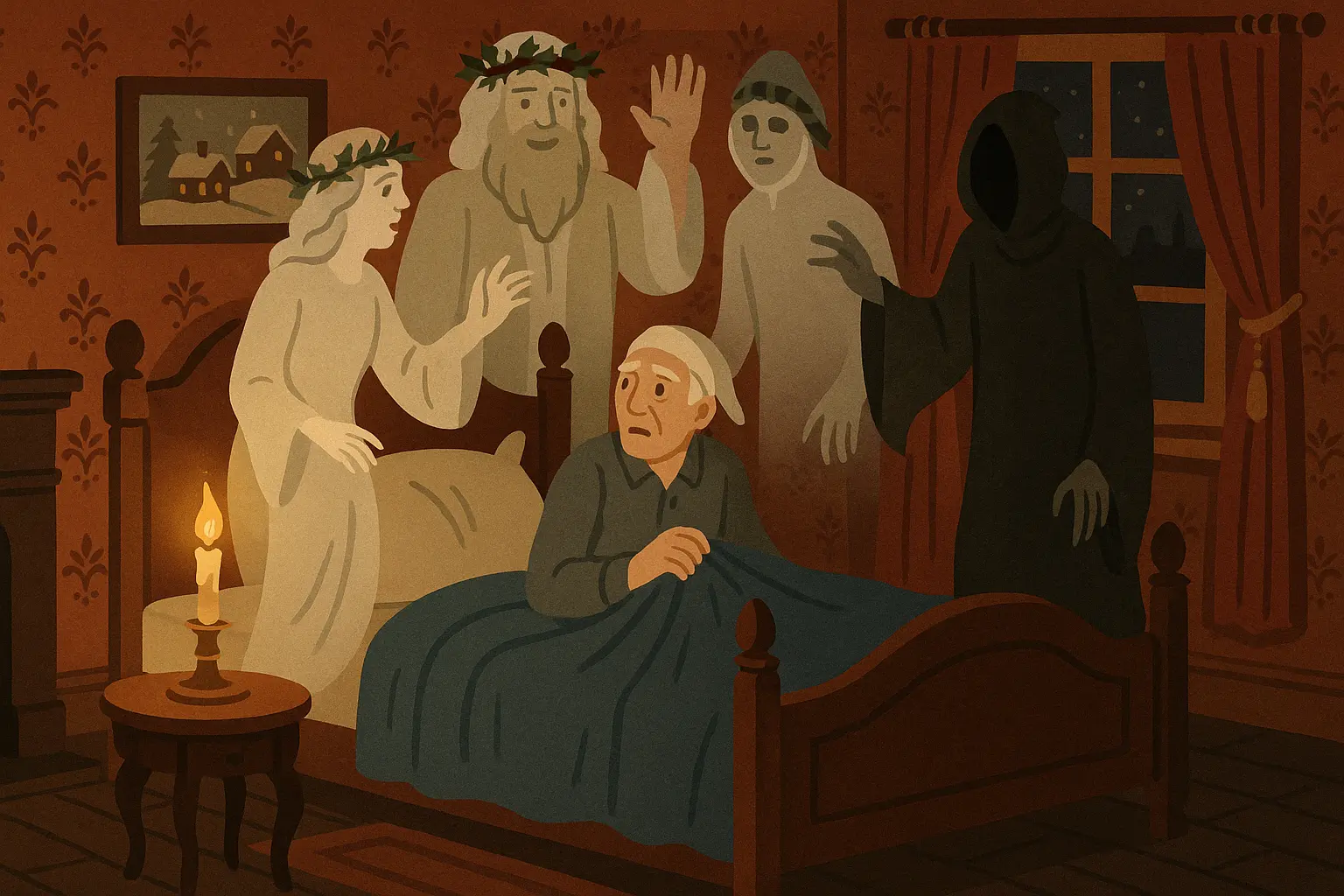 Vintage Christmas story book with candle