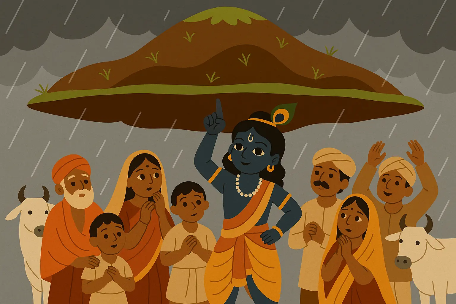 Krishna lifting Govardhan Hill