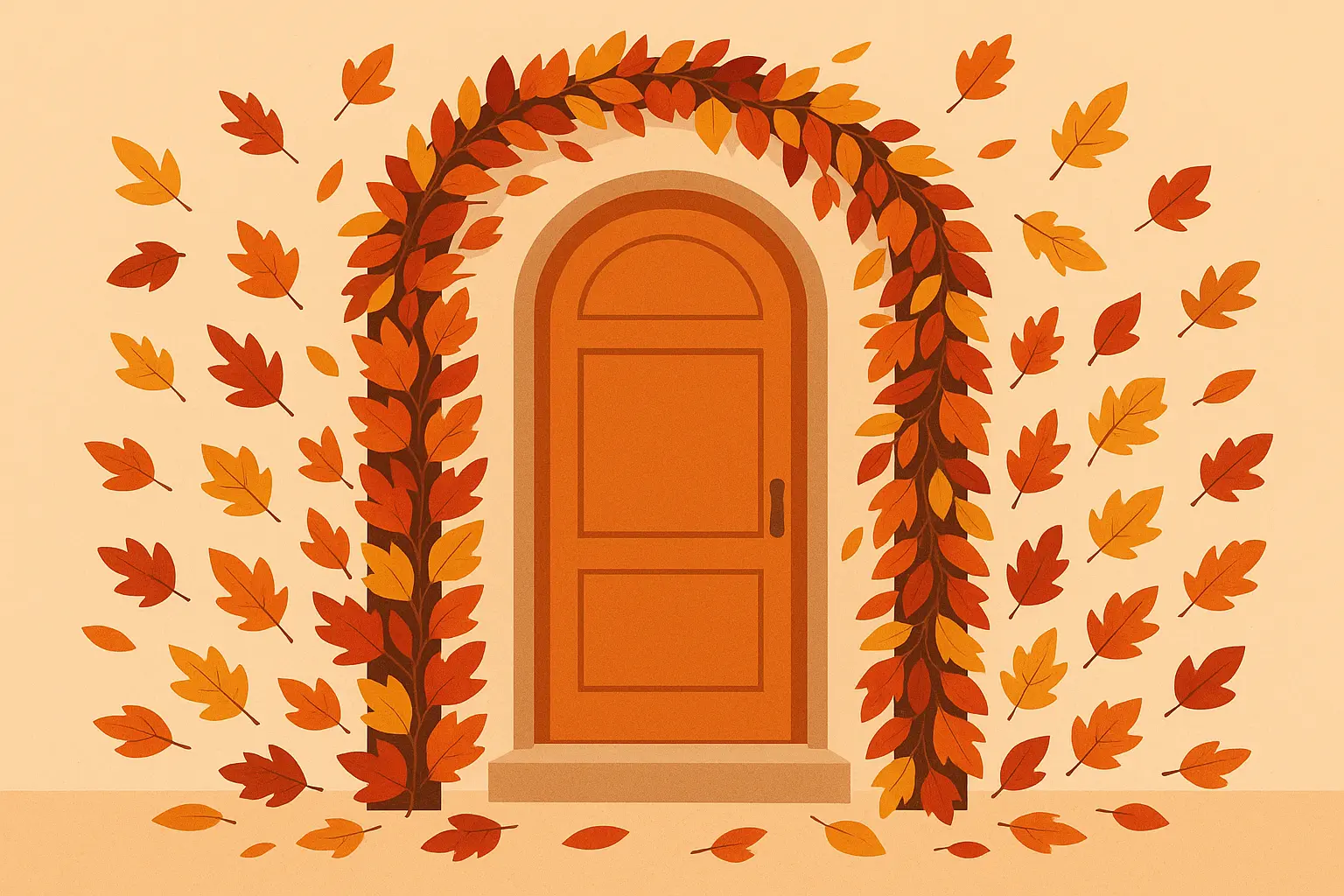Fall foliage garland draped along porch railing with mixed autumn leaves