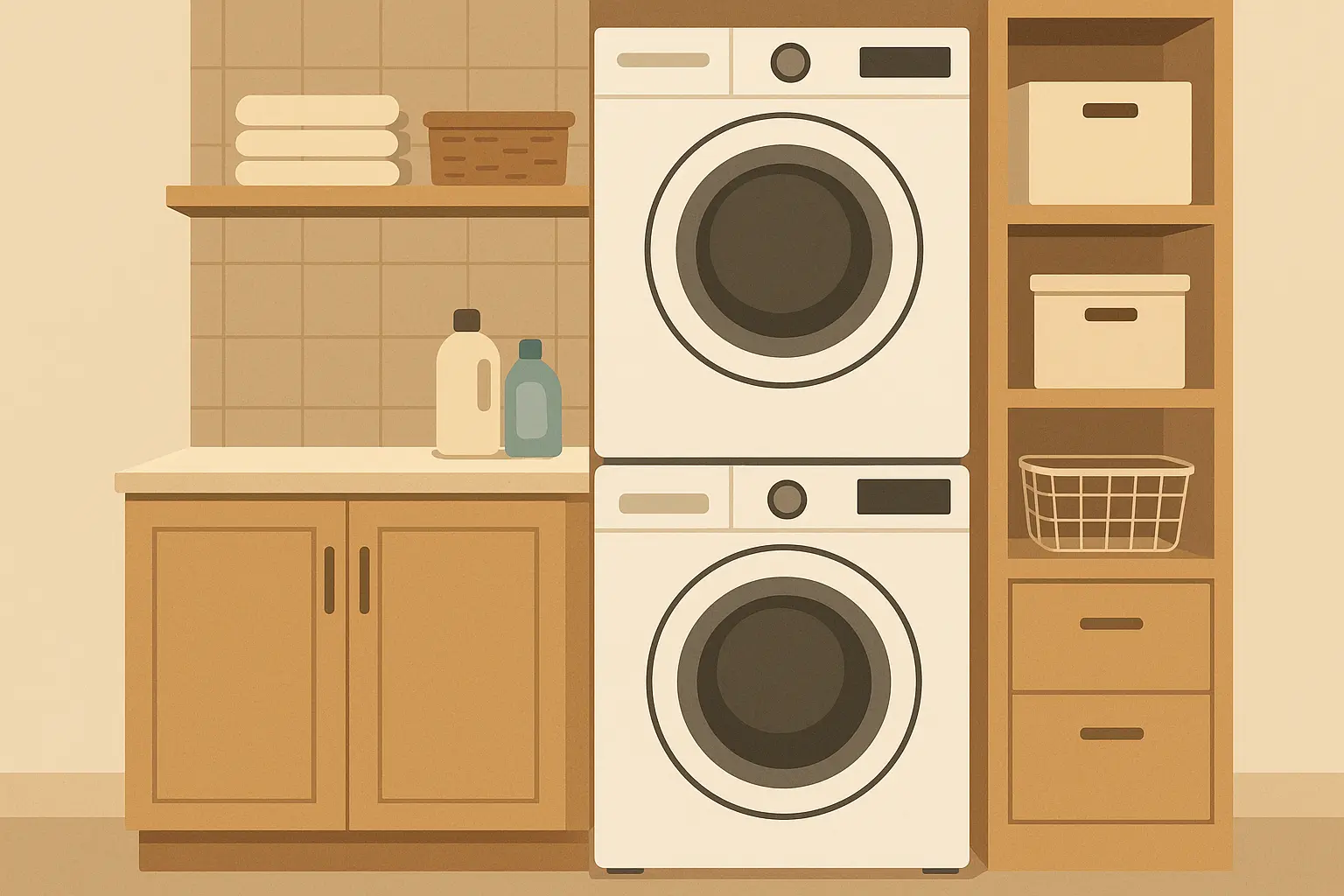 Stackable washer and dryer configuration in compact utility room