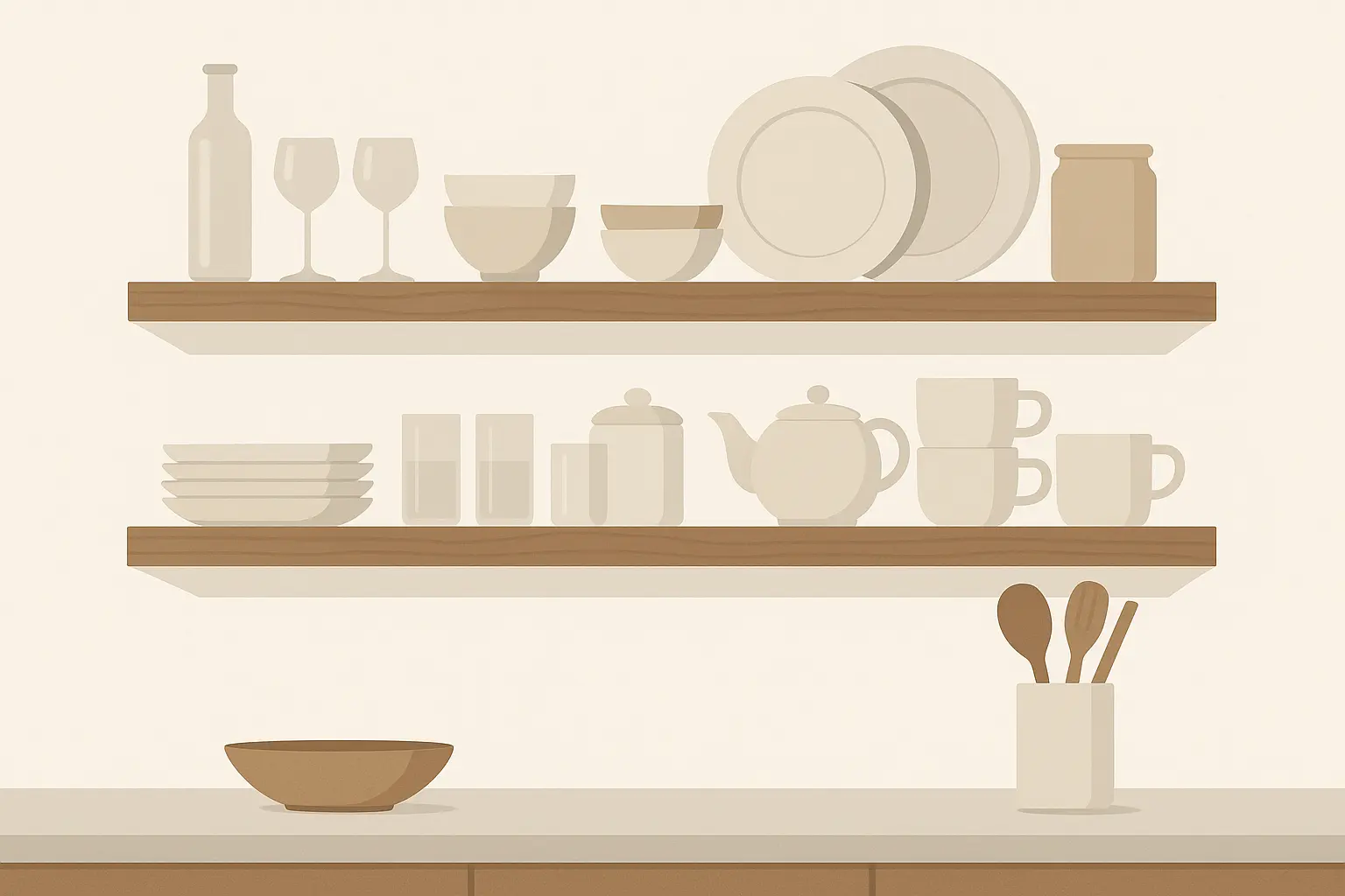 Floating wood shelves in modern kitchen
