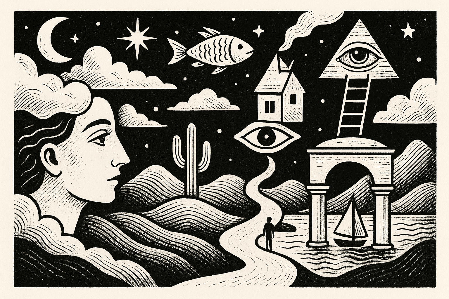 Surrealistic black tattoo compositions