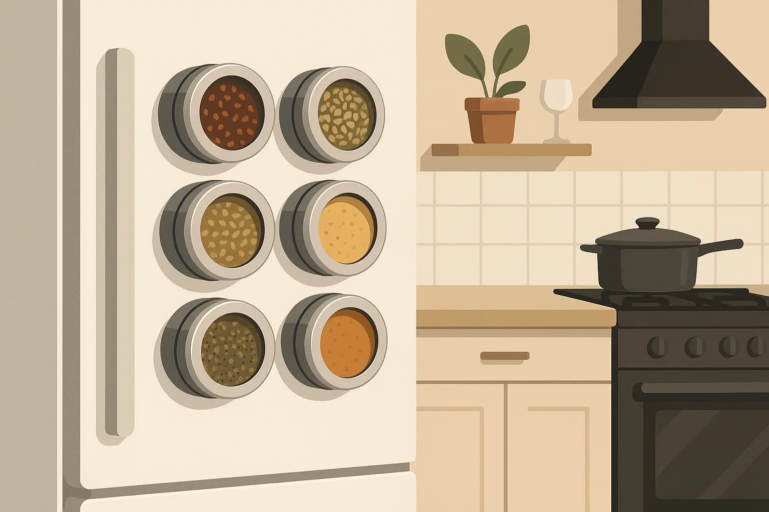 Magnetic spice shelving on refrigerator side