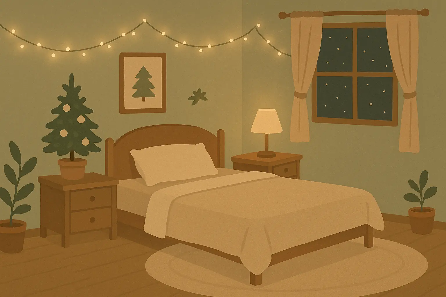 Cozy Christmas bedtime routine setup with soft lighting and festive bedtime story books
