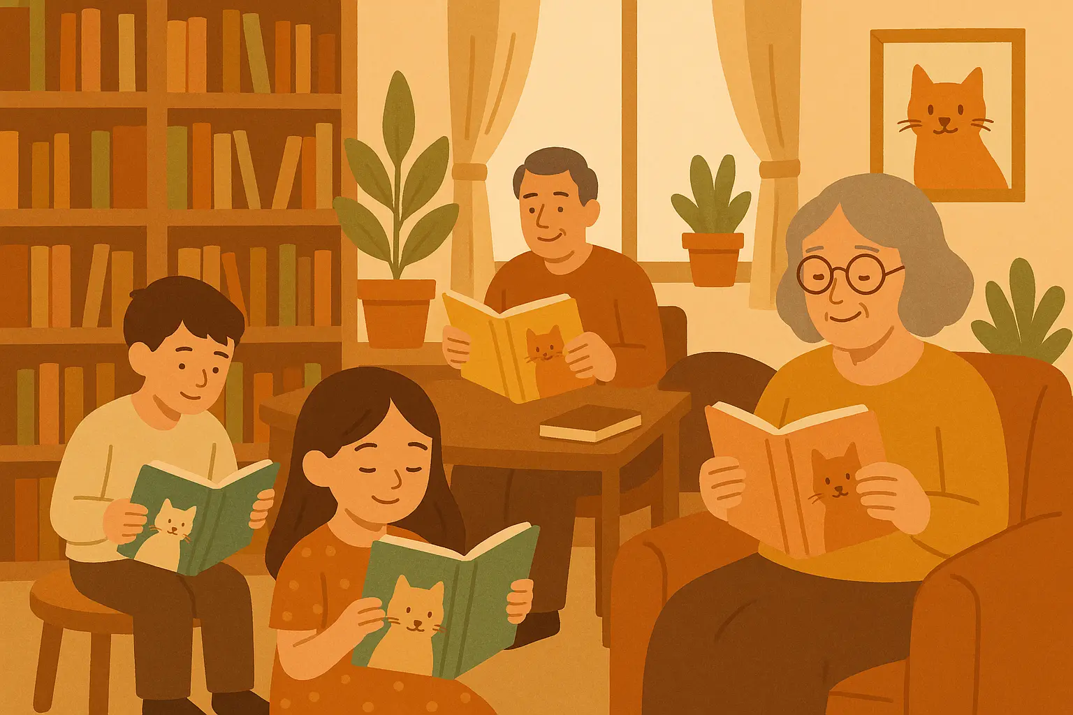 Person reading cat story with peaceful, therapeutic expression