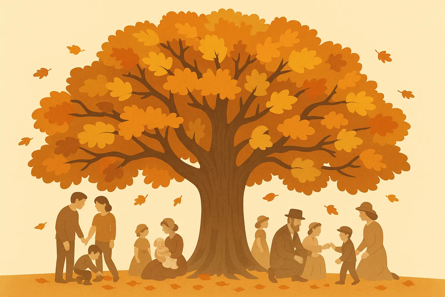 Ancient oak tree with autumn leaves and thanksgiving gathering beneath