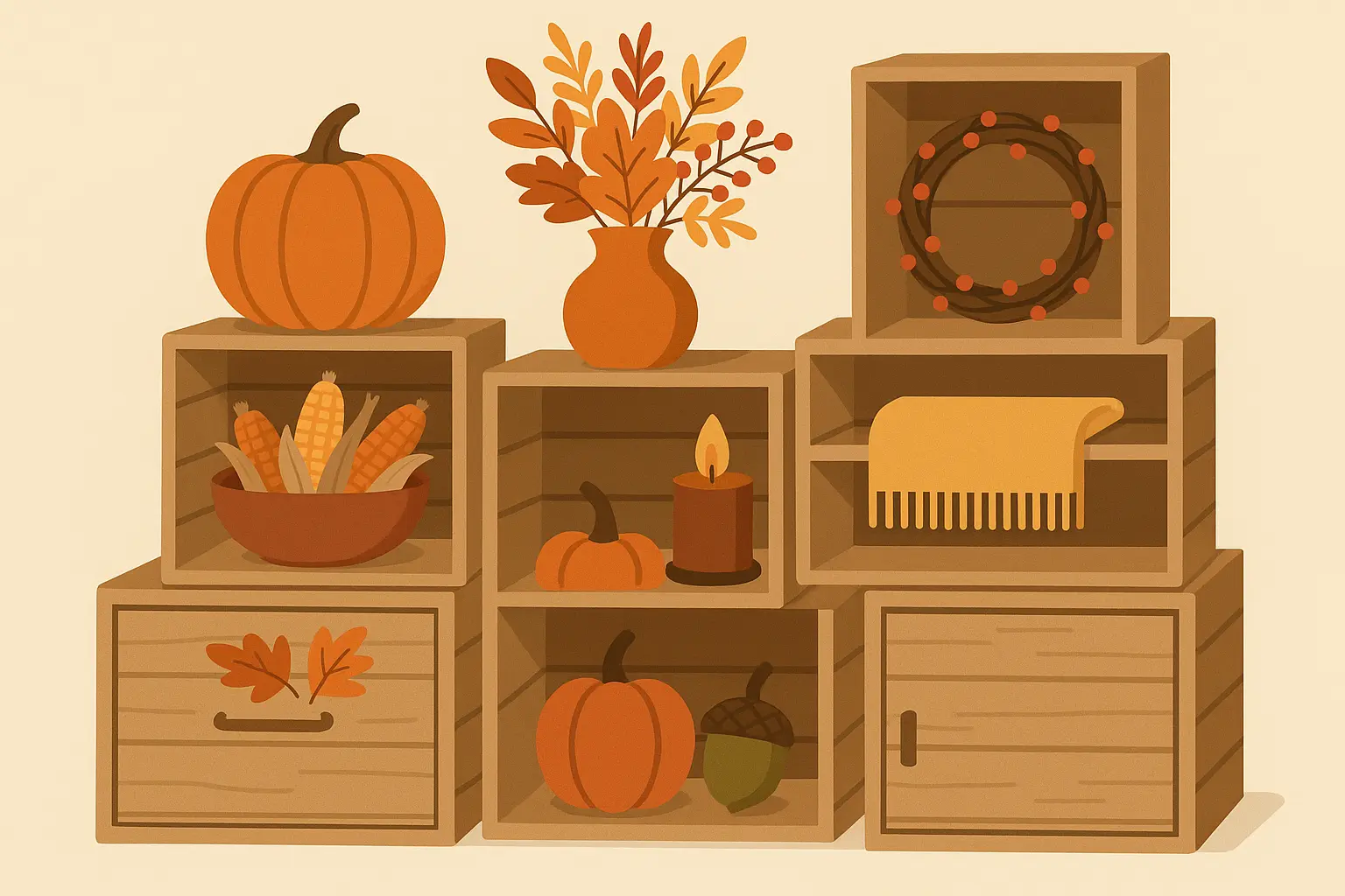 Stacked wooden crates used as display platforms with fall decorations and hidden storage