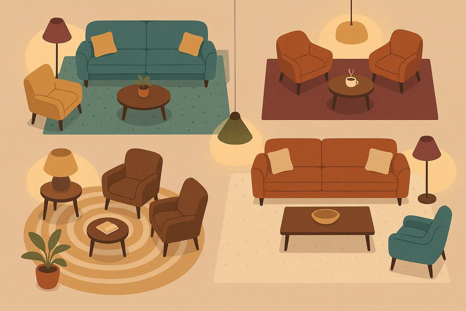 Large square living room with multiple conversation areas
