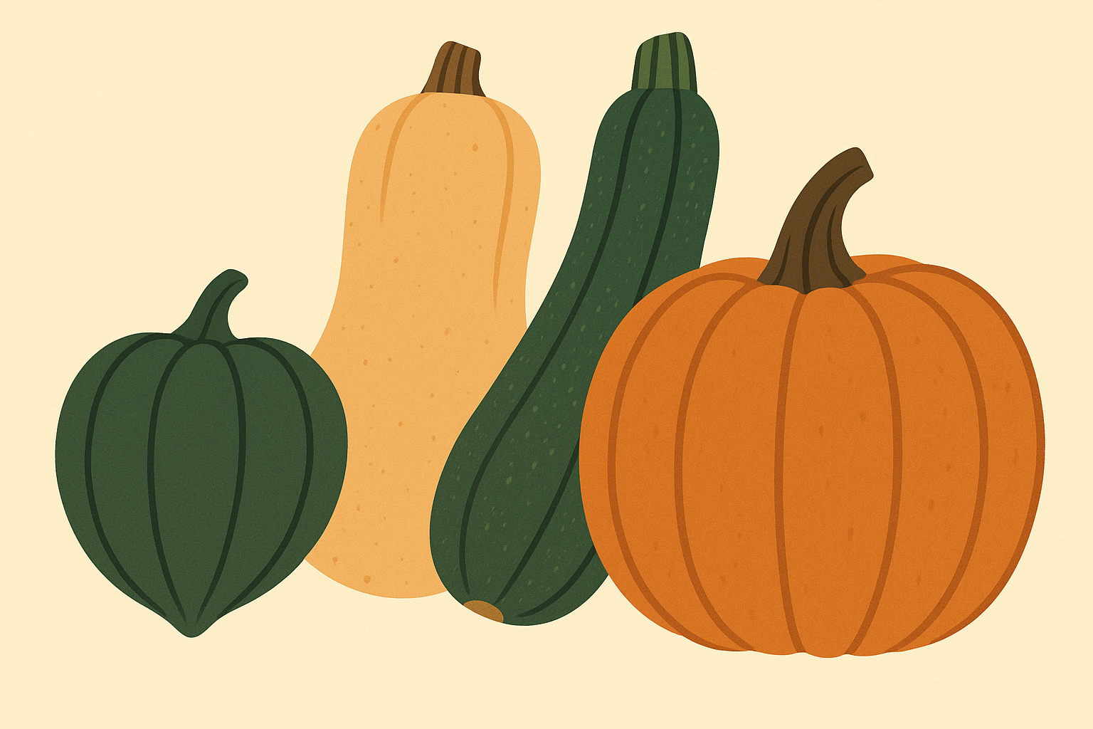Various winter squashes including butternut and acorn varieties