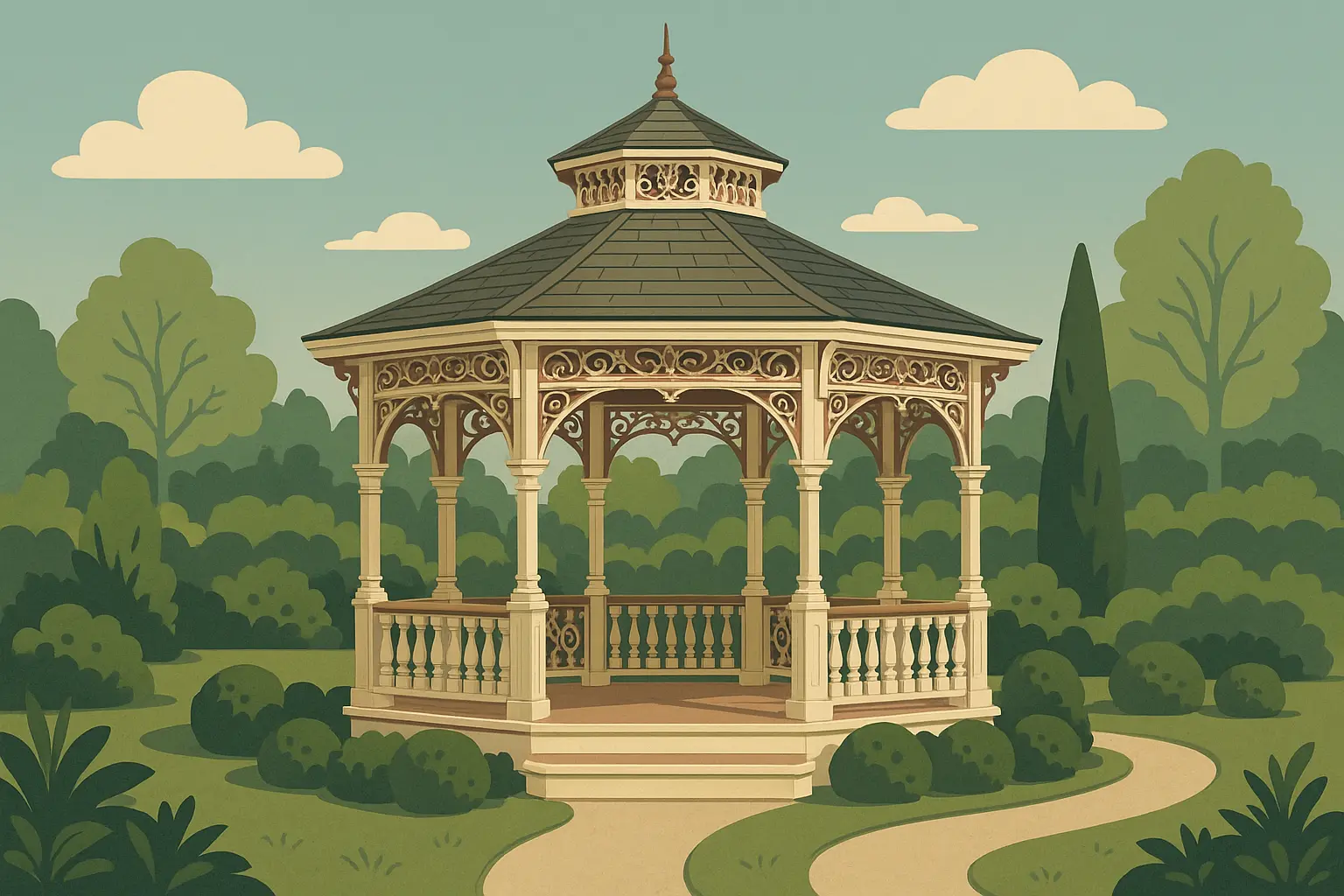 Ornate Victorian gazebo with detailed woodwork