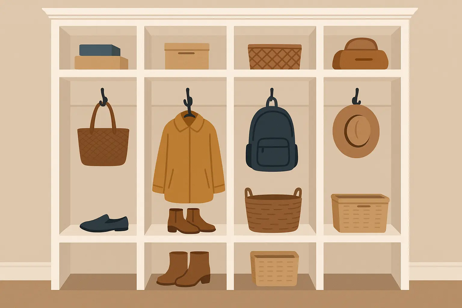 Built-in mudroom cubbies with individual compartments